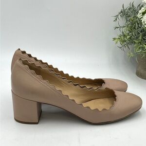 Chloe Lauren Scalloped Block Nude Beige Leather Pump Heels Sz‎ 36/5.5 US